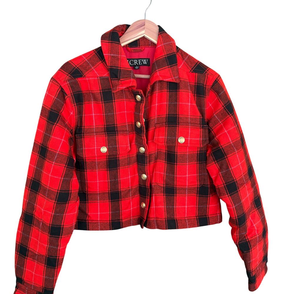 J.Crew Crop Puffer Jacket M Red Buffalo Check Plaid BV699 Black Western Prep - Picture 3 of 6